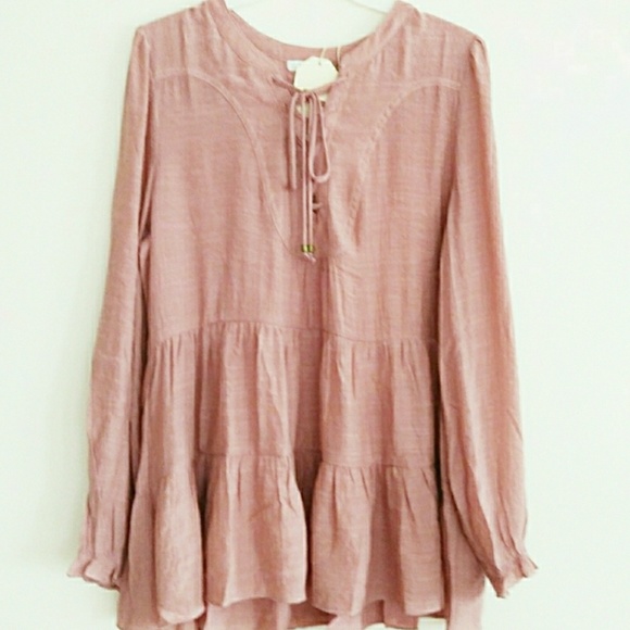 Boho Peasant Rose Tunic Top with Lace Up Neck - Picture 5 of 7
